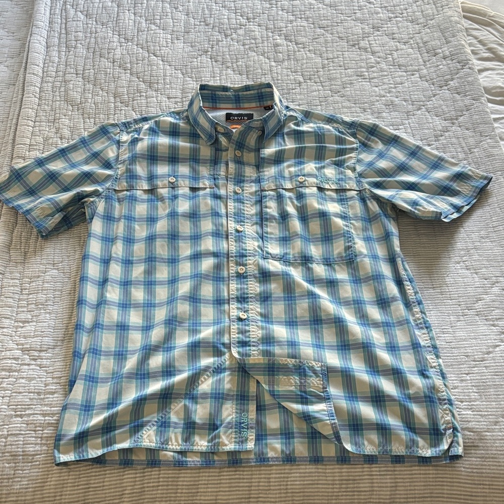 Orvis Light Blue and White Plaid Shirt